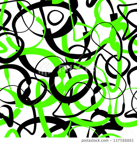 Hand Drawn Wavy Circles. Seamless background of green and black deformed rings. Not AI, vector illustration. Hand Drawn Wavy Circles. Seamless background of green and black deformed rings. Not AI, vector illustration. 137588881