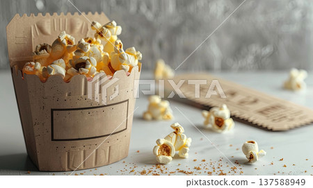 A close up of popcorn in a stylish paper container against a blurred background 137588949