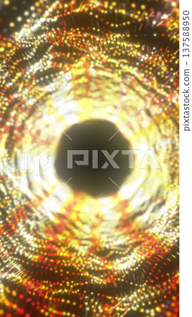 Glowing golden particle tunnel swirling into a dark center, creating a dramatic abstract energy vortex with sparkling bokeh 137588950