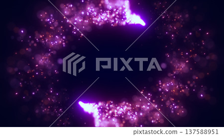 Vibrant purple particle glow creating a magical frame with floating bokeh lights on a deep dark background and empty center space 137588951