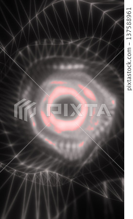 Futuristic wireframe eye vortex with glowing pink ring and digital mesh network on dark background 137588961