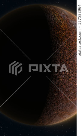 Cinematic view of a rocky planet in partial eclipse against a starry space background, creating a dramatic cosmic atmosphere and sense of deep space Cinematic view of a rocky planet in partial eclipse against a starry space background, creating a dramatic cosmic atmosphere and sense of deep space 137588964