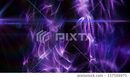 Dark violet particle curtains forming fluid ribbons and glowing swirls, abstract cyber energy field with cinematic lens flare Dark violet particle curtains forming fluid ribbons and glowing swirls, abstract cyber energy field with cinematic lens flare 137588975
