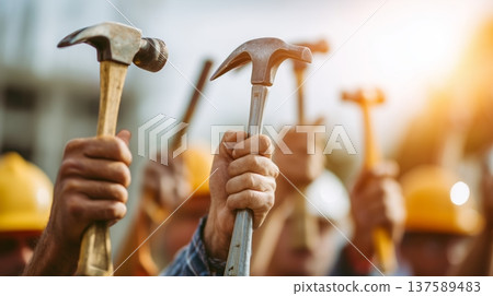 Construction workers celebrate Labor Day with tools raised in the sunlit site, highlighting teamwork and strength 137589483