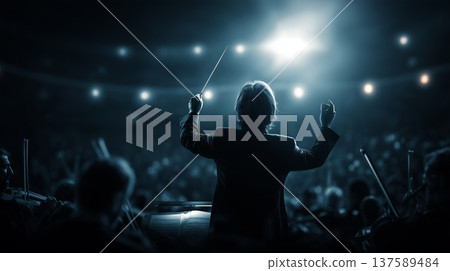 Faceless conductor guides digital symphony in dark auditorium with luminous lines and data points 137589484