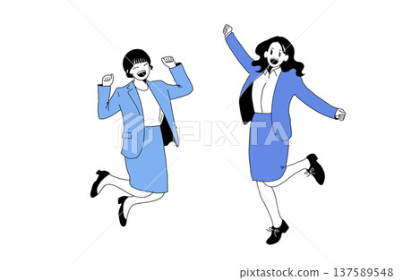 Illustration of a pair of smiling young female business people jumping. Success and job hunting. Hand-drawn material. 137589548