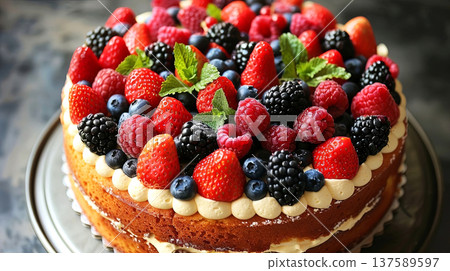 A vibrant cake loaded with fresh strawberries, blueberries, blackberries, and raspberries A vibrant cake loaded with fresh strawberries, blueberries, blackberries, and raspberries 137589597
