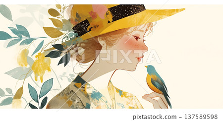 A whimsical illustration of a woman in a floral hat, gazing at a bird perched on her hand A whimsical illustration of a woman in a floral hat, gazing at a bird perched on her hand 137589598