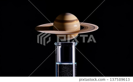 一個土星模型漂浮在試管上方 / 象徵科學與太空的極簡主義視覺效果 137589613