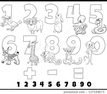 educational numbers set with cartoon animals coloring page educational numbers set with cartoon animals coloring page 137589673