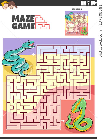 maze puzzle game with cartoon snakes animal character maze puzzle game with cartoon snakes animal character 137589681