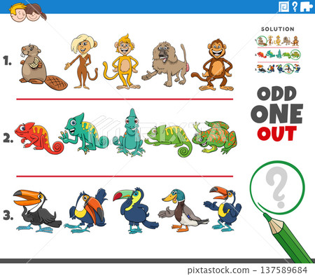 odd one out activity game with funny cartoon animal characters 137589684