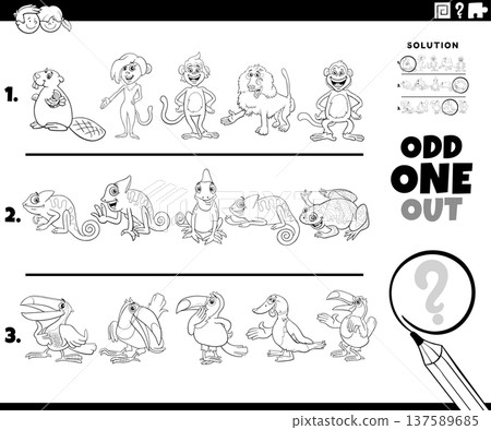 odd one out activity game with funny cartoon animal characters coloring page 137589685