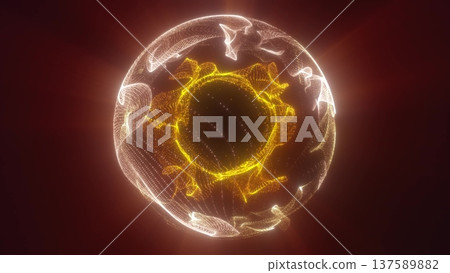 Glowing abstract golden energy sphere formed of luminous particles 137589882