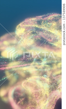 Soft pastel-colored glittery particles flow through a fluid cloud-like motion, evoking an ethereal and dreamy digital atmosphere 137589906
