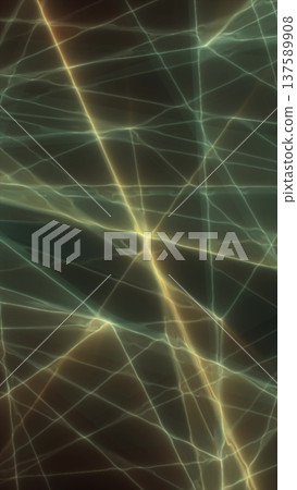 Abstract intersecting yellow and green light beams forming a glowing geometric grid pattern on a dark background. 137589908