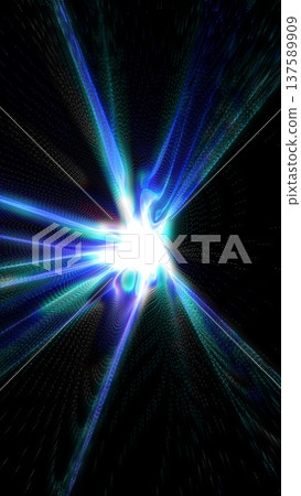 Abstract digital explosion of blue light rays and particles radiating from a bright white core, symbolizing energy and motion Abstract digital explosion of blue light rays and particles radiating from a bright white core, symbolizing energy and motion 137589909