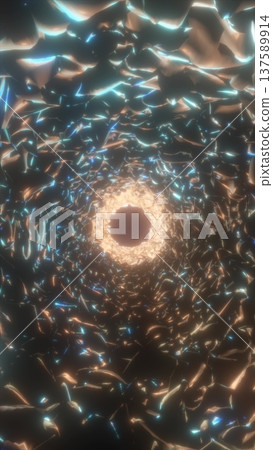 Shimmering metallic fragments forming a glowing vortex tunnel with warm and cool reflections 137589914