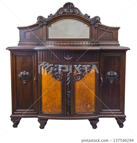 Vintage wooden cabinet showcasing ornate design and rich color with mirrored back, perfect for enhancing interior decor in any home setting Vintage wooden cabinet showcasing ornate design and rich color with mirrored back, perfect for enhancing interior decor in any home setting 137590294