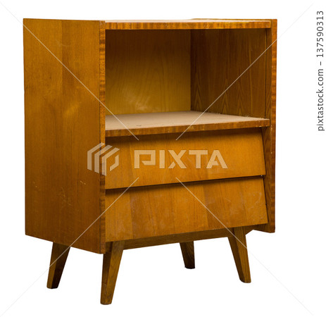 Vintage wooden cabinet with two drawers and an open shelf for storage in a minimalist design Vintage wooden cabinet with two drawers and an open shelf for storage in a minimalist design 137590313