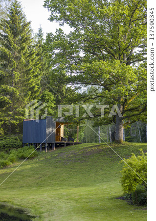 Cozy cabin surrounded by lush green landscape near a serene pond on a sunny day 137590345