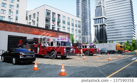 fire truck near the fire station. Fire department. 3d rendering. fire truck near the fire station. Fire department. 3d rendering. 137590358