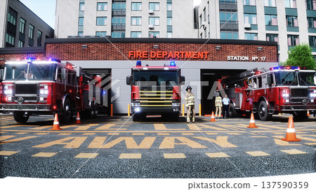 fire fighter and fire truck near the fire station. Fire department. 3d rendering. 137590359
