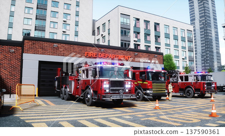 fire truck near the fire station. Fire department. 3d rendering. 137590361