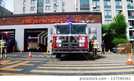 fire truck near the fire station. Fire department. 3d rendering. fire truck near the fire station. Fire department. 3d rendering. 137590362