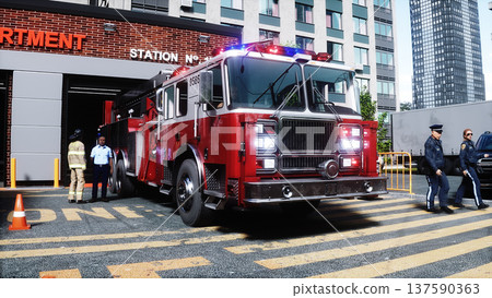 fire truck near the fire station. Fire department. 3d rendering. fire truck near the fire station. Fire department. 3d rendering. 137590363
