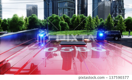 fire truck near the fire station. Fire department. 3d rendering. 137590377