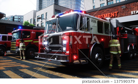 fire truck near the fire station. Fire department. 3d rendering. 137590379