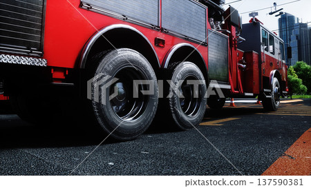 fire truck near the fire station. Fire department. 3d rendering. fire truck near the fire station. Fire department. 3d rendering. 137590381