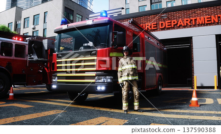 fire fighter and fire truck near the fire station. Fire department. 3d rendering. fire fighter and fire truck near the fire station. Fire department. 3d rendering. 137590388