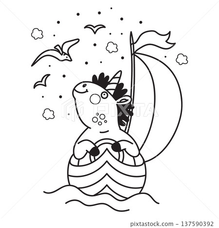 Funny unicorn swimming in a little boat coloring vector Funny unicorn swimming in a little boat coloring vector 137590392