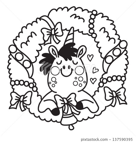 Cute unicorn in a Christmas wreath coloring vector illustration Cute unicorn in a Christmas wreath coloring vector illustration 137590395