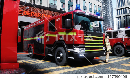 fire fighter and fire truck near the fire station. Fire department. 3d rendering. 137590406