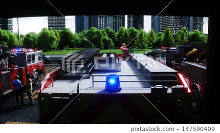 fire truck near the fire station. Fire department. 3d rendering. fire truck near the fire station. Fire department. 3d rendering. 137590409