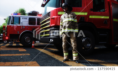 fire fighter and fire truck near the fire station. Fire department. 3d rendering. fire fighter and fire truck near the fire station. Fire department. 3d rendering. 137590415