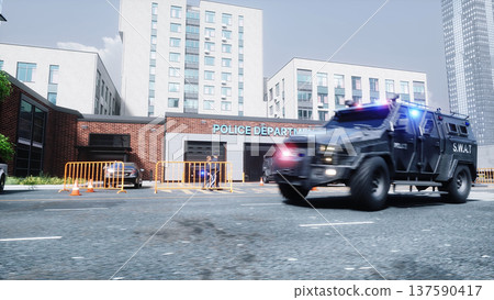 An swat police driving fast on a city street. 3d rendering. An swat police driving fast on a city street. 3d rendering. 137590417