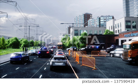An swat police driving fast on a city street. 3d rendering. An swat police driving fast on a city street. 3d rendering. 137590419