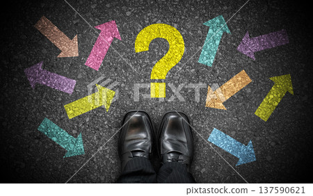 Black business shoes, question mark and many arrows - chaos concept 137590621