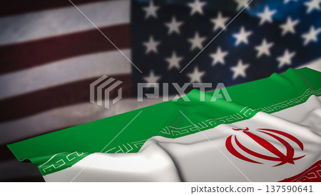 Iran National Flag With Blurred United States Flag Background Geopolitical Tension Concept 3d render. 137590641