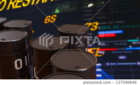 Oil Barrels With Global Energy Market Trading Data Background 3d render. 137590646