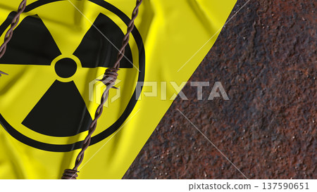 Radioactive Hazard Sign Behind Rusty Barbed Wire Fence 3d render. 137590651
