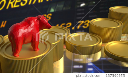 Red Bear On Gold Coins Stock Market Downtrend Concept 3d render. Red Bear On Gold Coins Stock Market Downtrend Concept 3d render. 137590655