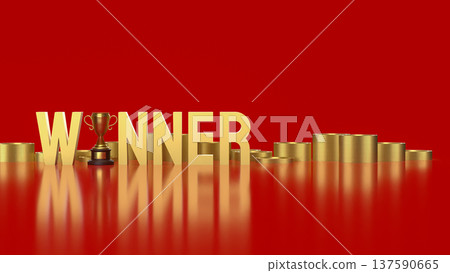 Golden Winner Text With Trophy And Coins Success Concept 3d render. Golden Winner Text With Trophy And Coins Success Concept 3d render. 137590665