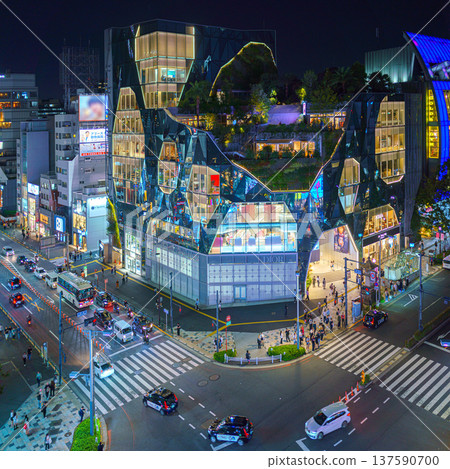 Tokyo, Japan - Oct 15 2024, panoramic aerial view of tokyu Plaza Harajuku "Harakado" and the intersection in front of it, at night with illumination, Tokyo, Japan Tokyo, Japan - Oct 15 2024, panoramic aerial view of tokyu Plaza Harajuku "Harakado" and the intersection in front of it, at night with illumination, Tokyo, Japan 137590700