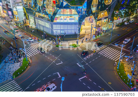 Tokyo, Japan - Oct 15 2024, panoramic aerial view of tokyu Plaza Harajuku "Harakado" and the intersection in front of it, at night with illumination, Tokyo, Japan Tokyo, Japan - Oct 15 2024, panoramic aerial view of tokyu Plaza Harajuku "Harakado" and the intersection in front of it, at night with illumination, Tokyo, Japan 137590703