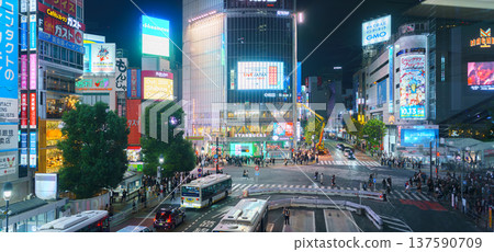 Tokyo, Japan - Oct 15 2024, panoramic aerial view of famous Shibuya intersection with a crowd of people on sidewalk, at night with illumination and advertising on facades of buildings, Tokyo, Japan Tokyo, Japan - Oct 15 2024, panoramic aerial view of famous Shibuya intersection with a crowd of people on sidewalk, at night with illumination and advertising on facades of buildings, Tokyo, Japan 137590709